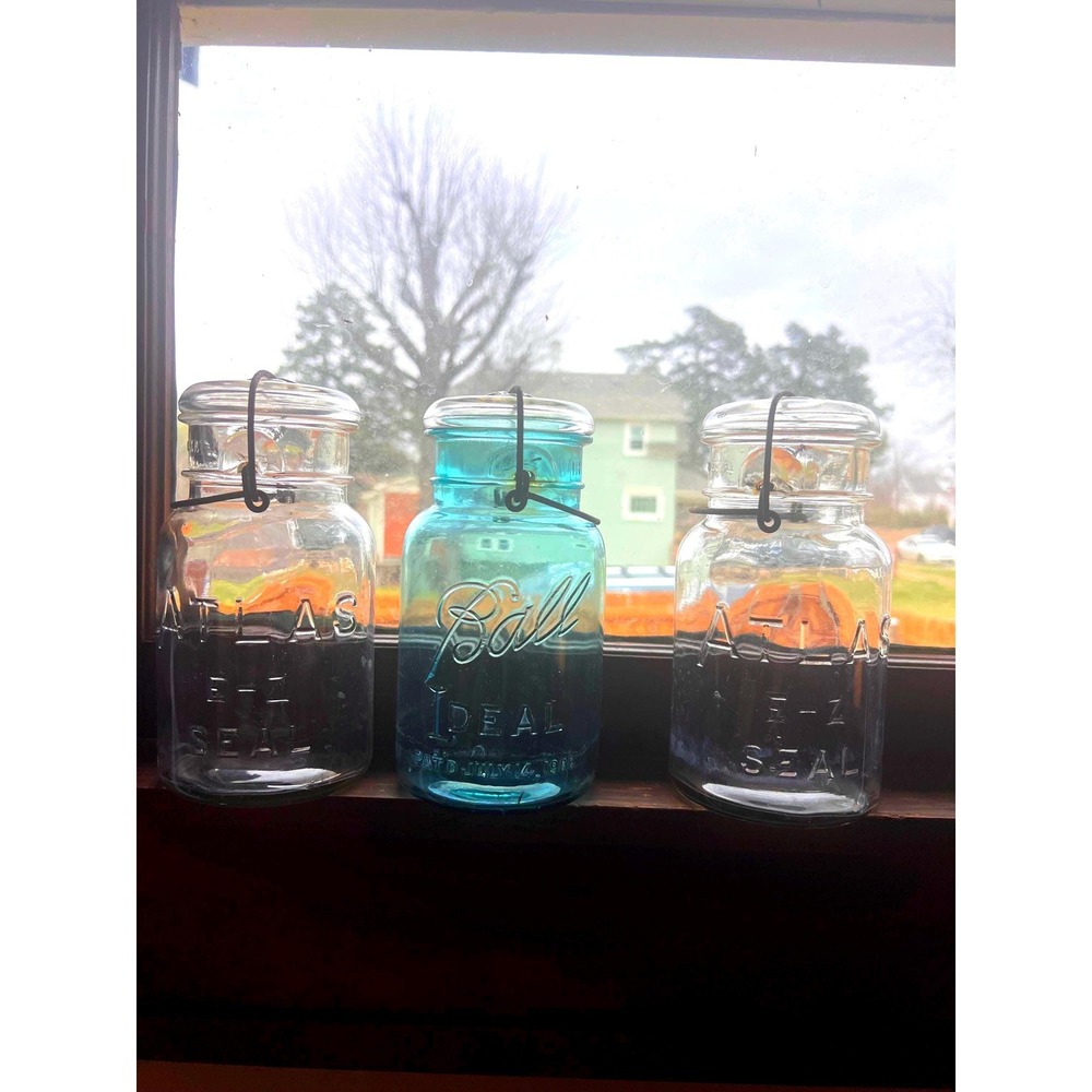 Vintage Lidded Atlas and Blue Ball Jar Antique Set of 3